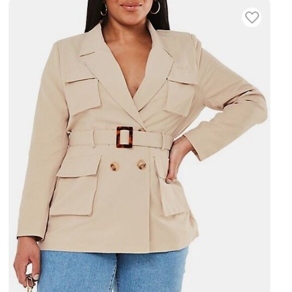 NWT Missguided Sand Belted Double Breasted 4 Pocket Utility Jacket Plus Size 18 - Picture 1 of 4
